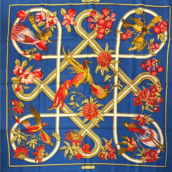 Hermes Blue Fuschia Gold White 100% Silk scarf..no pulls or marks, magnificent - Picture 1 of 11